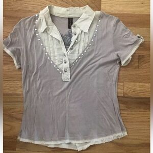 Simi Sue Gray Rhinestone Top Shirt M Medium
